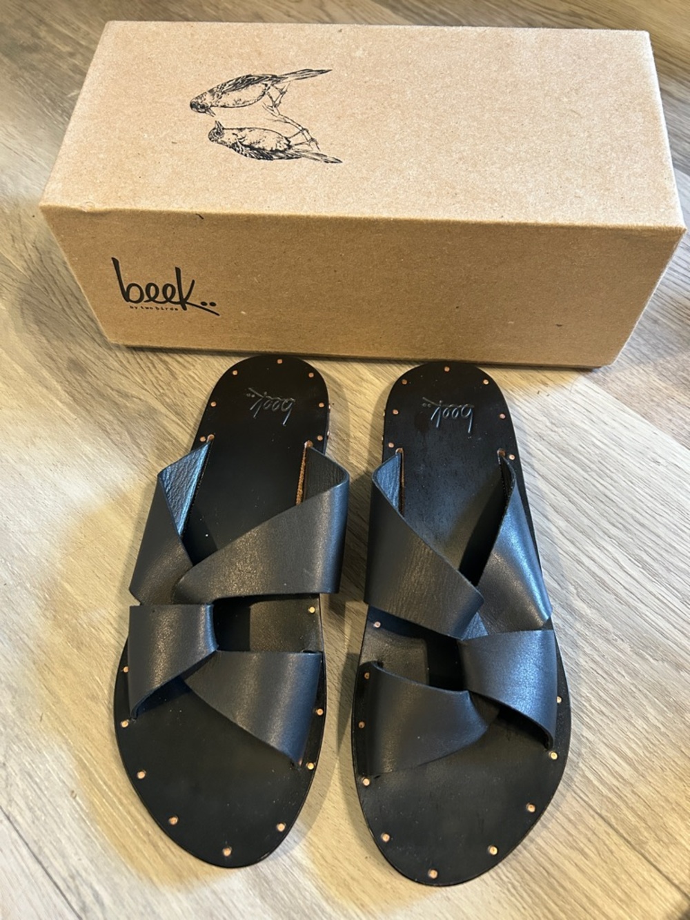 beek.. Pigeon.  Black Leather Crisscross Stud Slide Sandals - Women - Picture 4 of 8